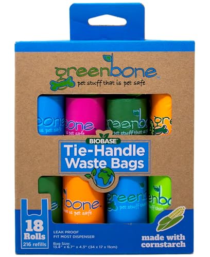 Greenbone BioBase Cat or Dog Poop Bags with Handles Tie, 18 Dispenser Rolls - 216 Bags- Large Leak Proof- Pink, Green, Orange, Blue Variety