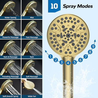 Hibbent cUPC Certified 13'' Shower Head Combo, High Pressure 5 Spray Rainfall Showerhead, 10 Spray Handheld, All Metal Easy Reach 4-way Diverter Arm with Pause Mode, 71'' Hose and Holder, Brushed Gold - color: Brushed Gold, style: Square 13"