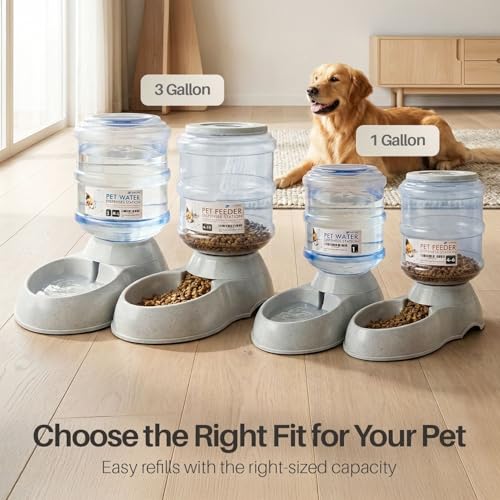 Flexzion Automatic Pet Feeder & Waterer Set of 2 Pack, Self Feeding Replenish Dog Cat Bowls, Gravity Food & Water Storage Container Fountain Jug Pet Supplies Plastic Skid Proof Rubber Feet (1 Gallon) - color: Waterer + Feeder, size: 4-6 lb Feeder (1 Gallo
