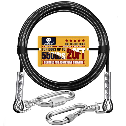 WATFOON Dog Leads for Yard, 1500LBS Break Strength, Heavy Duty Tie Out Cable for X-Large Dogs Training with Dual Rotating Hooks, Water Resistant Dog Chain Leads for Outside Camping (Black, 20FT) - size: 20FT