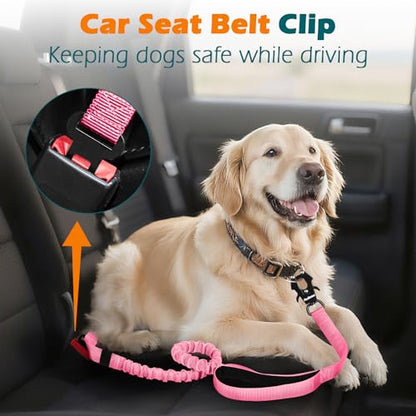PetBonus Heavy Duty Tactical Dog Leash, 5 FT Bungee Shock Absorption Leash with 2 Padded Handles, Quick Release Metal Clip, Car Seatbelt, No Pull Training Lead for Large Medium Dogs（Pink） - color: Pink