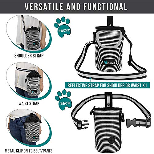 PetAmi Dog Treat Pouch, Large 3-Cup Dog Training Treat Bag with Poop Bag Dispenser, Hands-Free Waist Belt & Crossbody Strap, Reflective with Multiple Pockets & Belt Clip (Stripe Black) - color: Black
