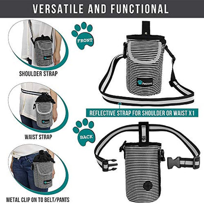 PetAmi Dog Treat Pouch, Large 3-Cup Dog Training Treat Bag with Poop Bag Dispenser, Hands-Free Waist Belt & Crossbody Strap, Reflective with Multiple Pockets & Belt Clip (Stripe Black) - color: Black