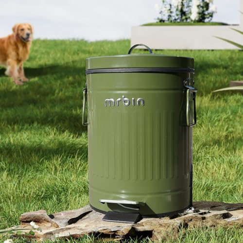 MRBIN Dog Poop Trash Can with Lid, 6L/1.6 Gal Round Pet Outdoor Waste Basket with Pedal, Step Touchless Garbage Pail for Outside Patio, Yard, Garage, Green Roman Stripe Design - color: Green, size: 1.6 gallons