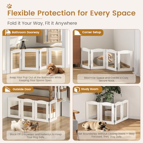 Snughome Clear Freestanding Dog Gate Indoor, 16’’H Acrylic Transparent Pet Gate for Dogs & Puppies, Foldable No Drill Pet Barrier, Adjustable Room Divider Fence for Doorway, Stairs, Hallway, 4 Panel - size: 4 Panel-16''H