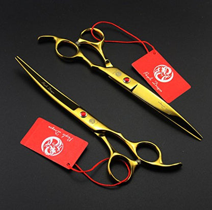 Purple Dragon Professional 7.0 inch 4PCS Pet Grooming Scissors Kit Japan Premium Steel Straight & Curved & Thinning Blade Dog Hair Cutting Shears Set with Case - color: Gold