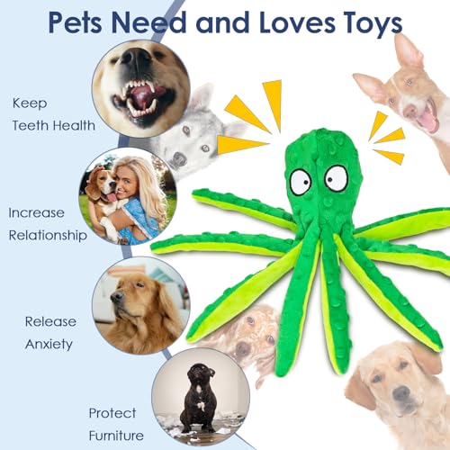 8 Pack Squeaky Octopus Plush Dog Toys for Aggressive Chewers, No Stuffing, Crinkle, Durable Interactive, 4 Colors - size: 8 pack
