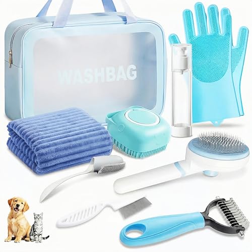 9PCS Dog Bath Kit & Dog Brush Kit for Dogs & Cats - Professional Pet Grooming Tools Set with Shedding Brush, Bath Scrubber, Dematting Comb & Storage Bag - Complete Dog Washing Essentials, Blue - color: 9PCS-Blue