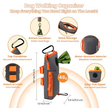 Dog Poop Bag Holder for Leash with 2 Waterproof Storage Pouches, Carabiner Clip, Zipper Soft Doggy Pouch for Pet Waste Bags, Dog Walking, Training, Travel (Grey) - color: Grey