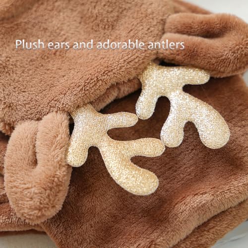 Reindeer Dog Costume Christmas Small Dog Hoodies with Antlers and Plush Ears Fleece Puppy Sweatshirt Winter Cat Clothes Cold Weather Coat Pet Santa Outfit (Brown, Medium) - size: Medium