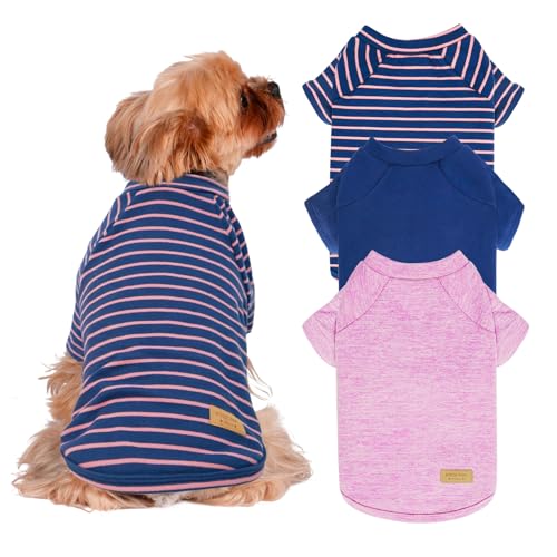 KYEESE 3Pack Dog Sweater, Soft Puppy Sweatshirt Pullover Stretchy Dog Sweater for Small Dogs Girl Boy, Lightweight Fleece Cat Shirt Pet Clothes with Sleeves, M - color: 06# 3Pack(Pink+Blue+Stripe), size: Medium (8.5-13lbs)