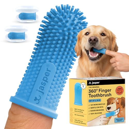 Jasper Dog Toothbrush, 360 Dog Tooth Brushing Kit, Finger Toothbrush, Cat Tooth Brush, Teeth Cleaning, Pet Tooth Brush for Small & Large Pets, Pet Toothpaste Not Included, 2-Pack Blue - color: Blue (2-pack)