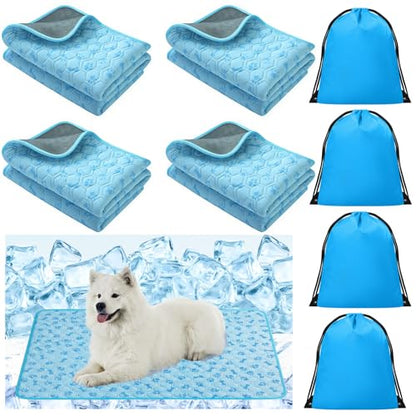 Hahafelt 4 Pack Dog Cooling Mat with Storage Bag 40" x 28" Blue Ice Silk Cooling Mat for Dogs Cats Washable Foldable Pet Sleeping Pad for Crate Bed Indoor and Outdoor Floor