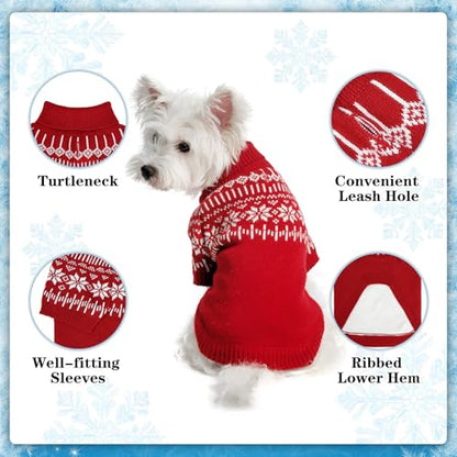 EXPAWLORER Turtleneck Knit Dog Sweater - Dog Clothes Fair Isle Snowflake Design, Warm Puppy Sweater Apparel, British Style Winter Pet Outfit Pullover for Small Medium Large Dogs Cats, Red M