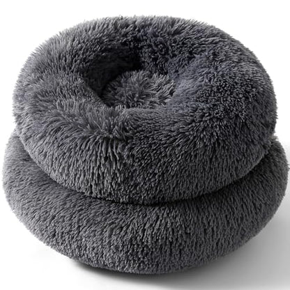 Cat Bed Plush Donut Dog Bed Fluffy Calming Pet Bed Dog Round Bed Cat Round Bed Warm Kitten Nest Rabbit Cave Kitten Bed Ideal for Small 3KG Pet - color: Dark Gray, size: 35CM