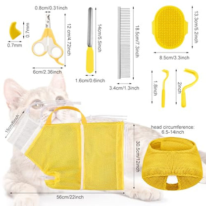 9 Pcs Cat Bathing Bag Set Cat Shower Bag Anti Bite and Scratch for Pet Grooming Washing Brush Comb Muzzle Nail Clipper Nail File Tick Tool (Yellow) - color: Yellow