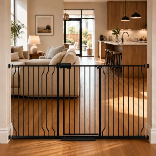 Foreng Extra Wide Baby Gate for Doorways 62.20"-71.65", 30.7" Tall, Pressure Mounted Dog Gate for Wide Doorways & Hallways, No Drill Walk-Through Safety Gate with Auto Close, One-Hand Open - color: Black, size: 62.2"-71.6"(Large Opening)