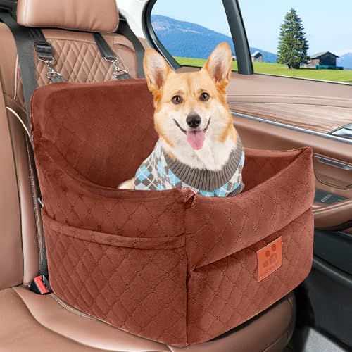 GL GLENSLAVE Dog Car Seat for Small/Medium Dogs, Dog Booster Car Seats with Thick Cushion for Dogs Under 35 lbs, Detachable Washable Pet Carseat with Storage Pockets, 2 Safety Belts(Brown) - color: Brown