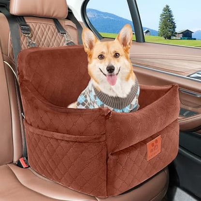 GL GLENSLAVE Dog Car Seat for Small/Medium Dogs, Dog Booster Car Seats with Thick Cushion for Dogs Under 35 lbs, Detachable Washable Pet Carseat with Storage Pockets, 2 Safety Belts(Brown) - color: Brown