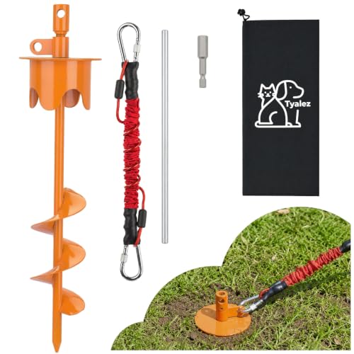 Dog Stakes for Outside Heavy Duty Hold up to 350Lbs Large Dogs Tie Out Tether Leash Chain for Yard Screw in Ground Anchors 17inch with Buffer Rope - color: Orange, size: 17IN (Only Stake)