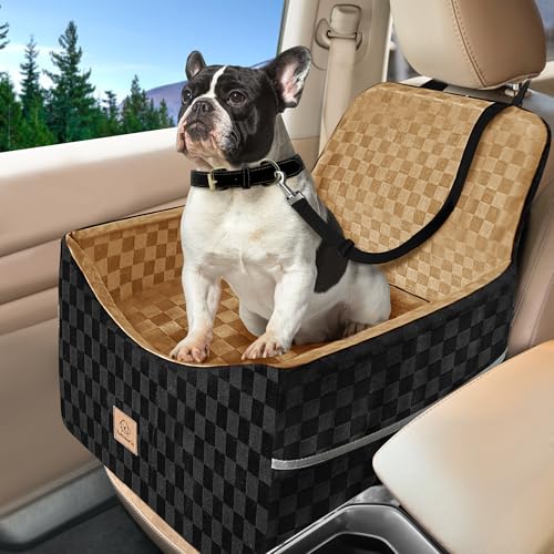 Dog Car Seat for Small and Medium Dogs Up to 35 lbs –Memory Foam Dog Booster Seat with Safety Leash & Storage Pockets, Fits Front & Back Car Seats, Removable Washable Cover – Black & Brown - color: Small-Black/brown