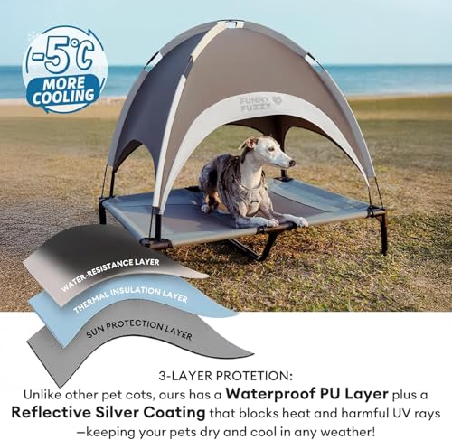FUNNY FUZZY Elevated Cooling Dog Bed with Canopy(30"x24"x7") – Dog Cot Bed for Small,Medium Dogs with UV Shade, Breathable Mesh for Cooling, Indoor & Outdoor Use for Dogs up to 120 lbs