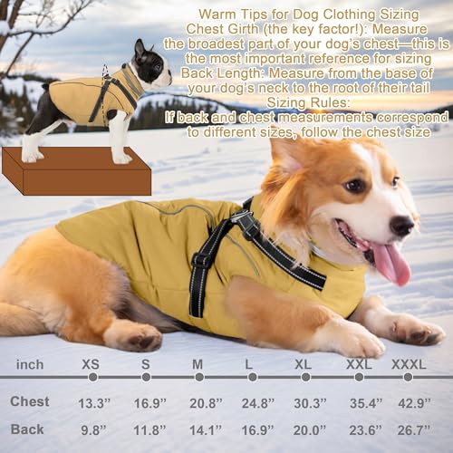 Fragralley Dog Coat with Harness Built in, Waterproof Windproof Reflective Warm Puffer Jacket, Fleece Lined Vest Winter Parka for Small, Medium, Large Dogs - color: Khaki, size: Small