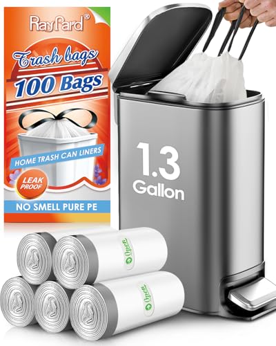 1.3 Gallon 100 Counts (fit 1.3-1.5 Gal) Mini Drawstring Trash Bags Garbage Bags, 4-5L Small Plastic Trash Can Liner fit 1,1.2-1.5 Gal Waste Basket for Home Office Kitchen Bathroom, White - style: 100-1.3 Gallon-White