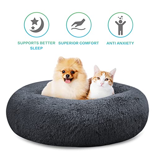 SAVFOX 20 inches Calming Donut Dog Bed - 3X Durable Plush Faux Fur, Machine Washable & Non-Slip, Fits up to 15 lbs, Dark Grey - color: Dark Grey, size: X-Small | 20"x20"
