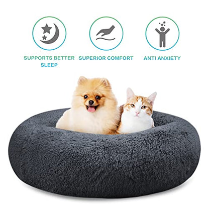 SAVFOX 20 inches Calming Donut Dog Bed - 3X Durable Plush Faux Fur, Machine Washable & Non-Slip, Fits up to 15 lbs, Dark Grey - color: Dark Grey, size: X-Small | 20"x20"