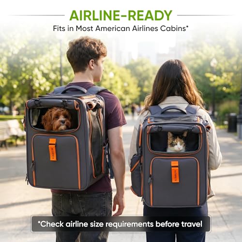 Premium Expandable Cat Carrier Backpack with Car Seat Belt Safety System – Rigid Frame Pet Carrier Backpack for Cats & Small Dogs up to 25 lbs – Breathable, Durable – Includes Bottle & Feeding Bowl - color: gray/orange