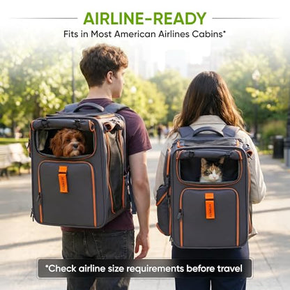 Premium Expandable Cat Carrier Backpack with Car Seat Belt Safety System – Rigid Frame Pet Carrier Backpack for Cats & Small Dogs up to 25 lbs – Breathable, Durable – Includes Bottle & Feeding Bowl - color: gray/orange