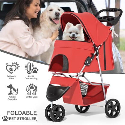 MoNiBloom 3 Wheels Pet Stroller, Foldable Puppy Cage Jogger Stroller with Weather Cover for All-Season, Storage Basket and Cup Holder, Breathable and Visible Mesh for Small/Medium Pets, Red - color: Red