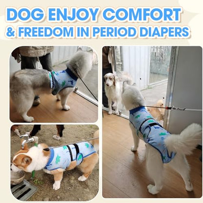 QBLEEV Dog Diapers Overalls, Escape Proof Full Body Male Dog Diapers with Suspenders, Reusable Washable Female Dog Pregnancy Prevention Cover Pants, 2-1Detachable Doggie Onesie Pajamas with Tail Hole - color: Blue, size: XS