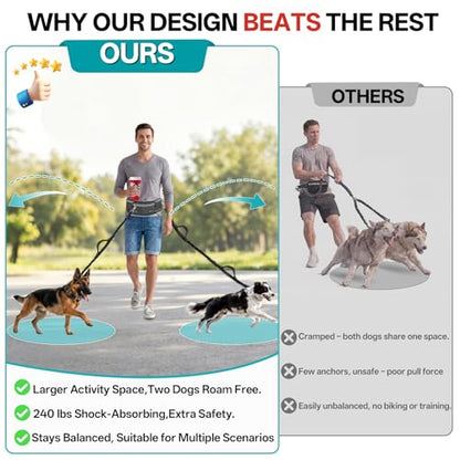 Hands Free Double Dog Leash for Two Dogs,240LB Heavy Duty Retractable with Partitioned Pouch Adjustable Waist for Walking Running Jogging Hiking Biking Training for Medium/Large(Not for＜25LBS)