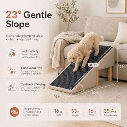 Dog Ramp for Bed and Couch, 2-in-1 Pet Ramp Ottoman, 16" High | Low-angle 23° incline with non-slip washable surface helps protect joints for small dogs, puppies and senior pets
