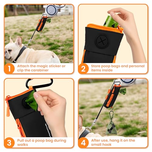 Dog Poop Bag Holder for Leash with 2 Waterproof Storage Pouches, Carabiner Clip, Zipper Soft Doggy Pouch for Pet Waste Bags, Dog Walking, Training, Travel (Black) - color: Black