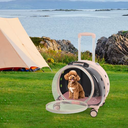 Cat Carrier with Wheels, Breathable Cat Rolling Carrier with Telescopic Handle, Bubble Cat Backpack Carrier, Pet Travel Bag for Small Dogs Pets, up to 19lbs, 15.7" x 10.6" x 17.7" (Pink) - color: Semi-Transparent Pink