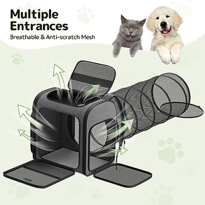 Cat Backpack with Detachable Play Tunnel, 2 in 1 Cat Tunnel Backpack Suitable for Carrying & Playing, Expandable Dog Backpack for Small Medium Kitten Puppy, Suitable for Travel Hiking Camping - color: Grey+Tunnel