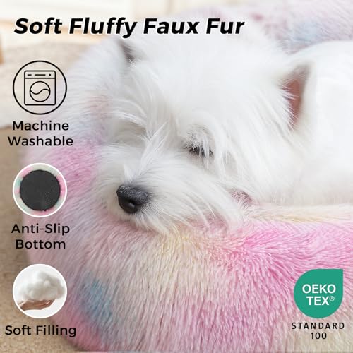 Calming Round Dog Bed & Cat Bed with Anti-Slip Bottom, Medium Size Washable Anti-Anxiety Donut Dog Beds for Small Dogs & Cats, Fluffy Plush Soft Dog Bed(24 Inch, Rainbow) - color: Rainbow, size: 24"l x 24"w x 8"th