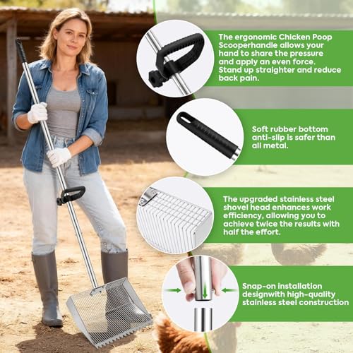 Chicken Poop Scooper Rake: 15in Extra Large Rake and Shovel,Chicken Pooper Scooper with Plastic Handle,Metal Chicken Coop Accessories,Tool for Manure Cleaning in Small Poultry and Stable