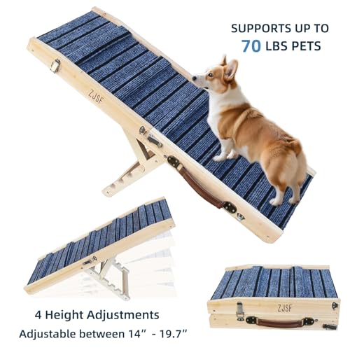 ZJSF Foldable Wooden Dog Ramp for High Bed, Dog Stairs for Small Dogs, High Traction Platform with 4 Adjustable Heights (14"-19.7"), 33" L, Supports up to 70 lbs - size: 33"L X 11.8"W
