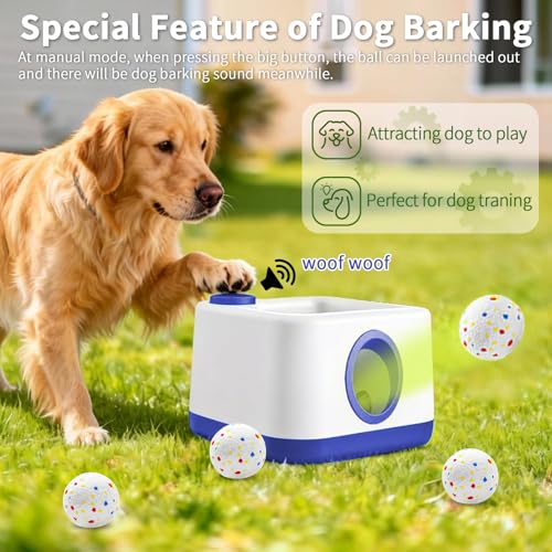 MEKAPLE Automatic Dog Ball Launcher with Barking Function, Auto+Manual Mode Interactive Dog Fetch Toy with 4 Adjustable Distances, Dog Balls Thrower for Small & Medium Dogs, with 4 Durable ETPU Balls - color: White and Blue
