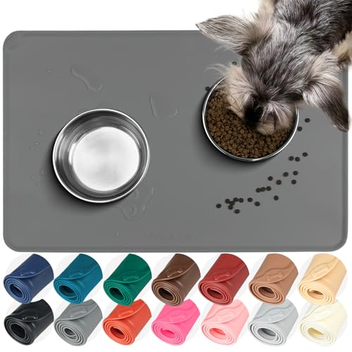 VIVAGLORY Pet Food Mat Flexmat Dog Bowl Mat, S, Grey | Non Slip Silicone for Pet Kitten & Doggy, Placemat with Lip for Floor - color: Grey, size: S (18.9 x 11.8in)