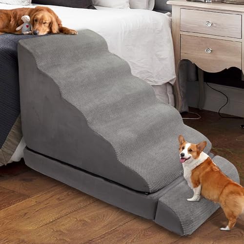 A.FATI Dog Stairs for High Beds 30-36 inches, 30" H Dog Steps for Puppies, 30D Foam Pet Stairs for Bed, Non-Slip Sturdy Doggie Ramp for Old Dogs/Cats - color: Grey 30" H