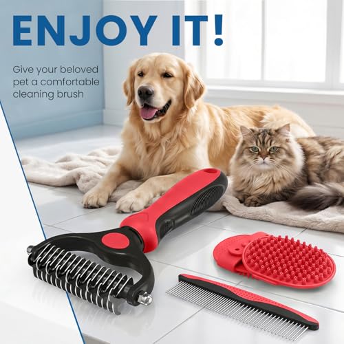 Double-Sided Pet Grooming Rake - 4-in-1 Professional Pet Grooming Kit Deshedding Dematting Tool for Dogs Cats Extra-Wide Grooming Brush & Deshedder Comb for Long & Short Haired Pets (Red Kit 4PCS) - color: Red
