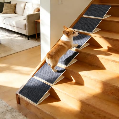 Dog Ramp for Stairs, 6 Pack Wooden Dog Stair Ramps for Small Dogs Only, Foldable Non-Slip Pet Ramp for Longer Indoor Stairs, Adjustable Step Support for Senior & Short-Legged Pets - size: 6 Pack