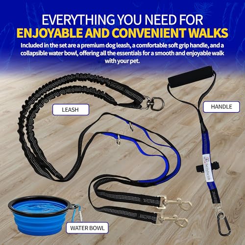Pet Fit For Life 64" Lightweight Dual Dog Leash for Medium Dogs – Premium No Twist Double Leash with Soft Foam Handle | Shock-Absorbing Bungee & Durable Design | Added Collapsible Water Bowl - size: Small