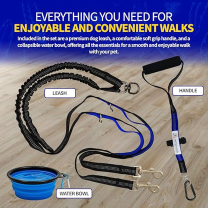 Pet Fit For Life 64" Lightweight Dual Dog Leash for Medium Dogs – Premium No Twist Double Leash with Soft Foam Handle | Shock-Absorbing Bungee & Durable Design | Added Collapsible Water Bowl - size: Small