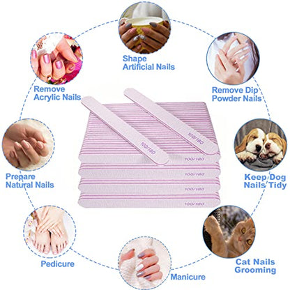 Nail File (100 Pcs), Bulk Emery Board Nail Files for Acrylic Nails and Natural Nails, 100/180 Grit Double Sided Emory Boards for Gel Nail Professional Reusable Washable Manicure Pedicure Kit Set Gray - size: 100 Pcs Rectangle 100/180 Grit